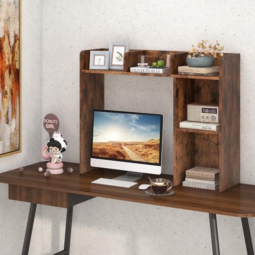 Giantex Desktop Bookshelf, Wood Desk Hutch Organizer for 27 Inch Computer Monitor, Countertop Storage Display Rack with 5 Shelves, Multipurpose Desktop Shelf Bookcase for Dorm Office Home, Brown - color: Rustic Brown, size: 5 Shelves (29"H)
