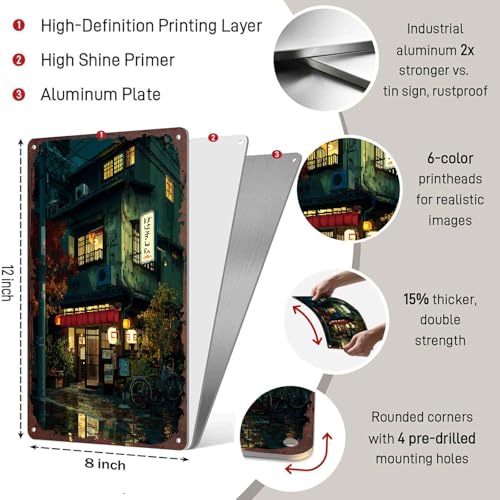 Pixel Japanese Street Scene at Night Night Scene Metal Sign 8x12 Inch, Funny Aluminum Wall Decorfor Home Living Room Bedroom Man Cave