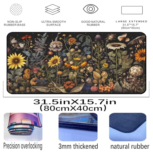 Retro Mouse Pad XXL, Flower Sunflower Plant Desk Mat, Long Computer Mat, Gaming Mouse Keyboard Mats, Full Desktop Protector, Nature-Inspired Decoration Home Office Desk Accessory 31.5" x 15.7" - color: Yellow Sunflower Flowers