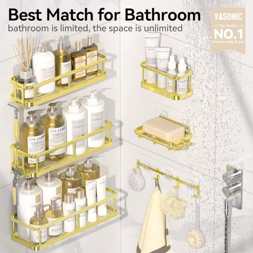 YASONIC Shower Caddy Adhesive, Rustproof Shower Organizer with Soap Holder, Large Capacity Shower Shelves for Inside Shower, No Drilling Bathroom Organizers and Storage for Home Decor(6 Pack Gold) - color: Gold, size: XL