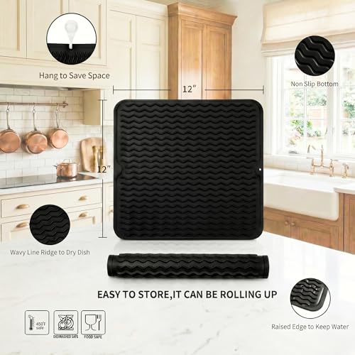 MicoYang Silicone Dish Drying Mat for Multiple Usage,Easy clean,Eco-friendly,Heat-resistant Silicone Mat for Kitchen Counter or Sink,Refrigerator or Drawer liner Black M 12 inches x 12 inches - color: Black, size: 12" x 12"