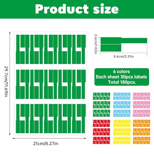 180 PCS Cable Labels for Management, 6 Colors Waterpro-of Cable Tags for Electronics, Self Adhesive Tear Resista-nt Wire Labels Cables Identification Tags for Office Work School