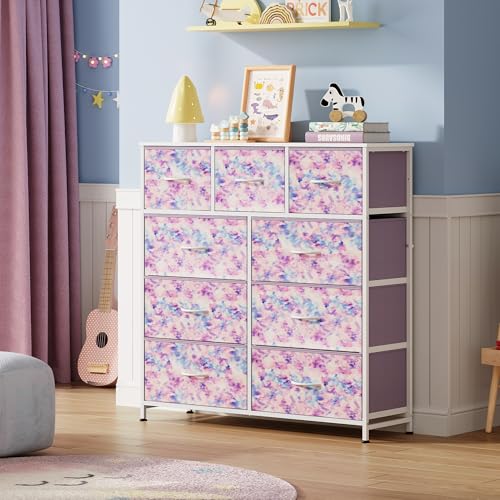 WLIVE 9 Drawer Dresser, Fabric Storage Tower for Bedroom, Hallway, Closet, Tall Chest Organizer Unit for Bedroom with Fabric Bins, Steel Frame, Wood Top, Tie-dye Print (Pink, Purple, Blue) - color: Tie-dye Purple Print