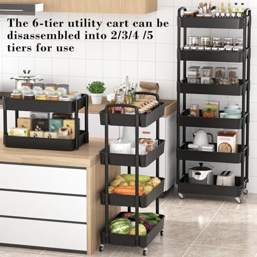Sywhitta 6-Tier Plastic Rolling Utility Cart with Handle, Multi-Functional Storage Trolley for Office, Living Room, Kitchen, Movable Storage Organizer with Wheels, Black - color: Black, size: 6-tier