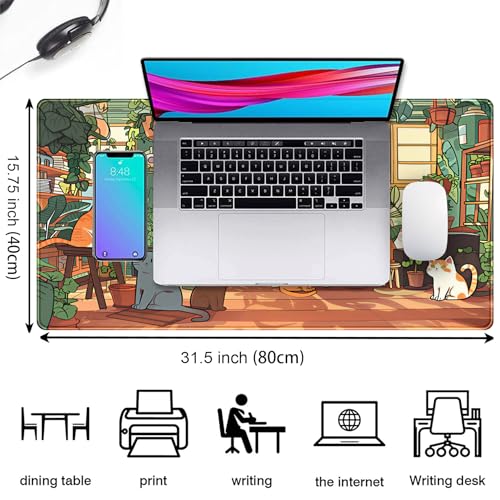 Large Desk Mouse Pad Cute Cats Desk Mat, Extended Gaming Mouse Mat, Office Home Keyboard Pad, Green Plant Computer Mats XXL, Cute Full Desktop Mat, Anime PC Accessories for Women 31.5" x 15.75" - color: Kawaii Cats