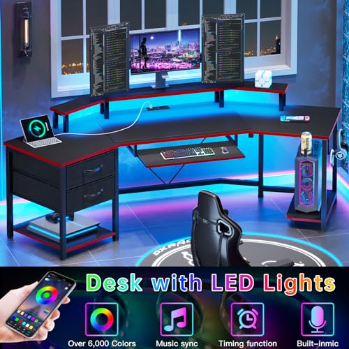 SEDETA 79" Gaming Desk, Computer Desk with 2 Fabric Drawers & LED Light, L Shaped Gaming Desk with Storage Shelf for Home Office, Carbon Fiber Black&Red - color: Carbon Fiber Black&red
