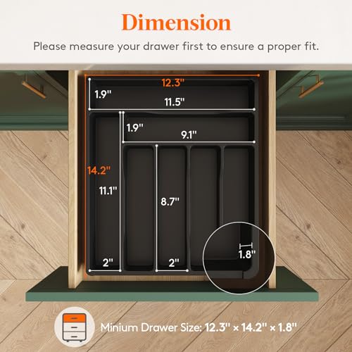 Lifewit Silverware Drawer Organizer Tray, Plastic Cutlery Storage for Kitchen, Flatware and Utensil Holder Divider for Spoons Forks Knives Tableware, 12.3 x 14.2", 7 Slots, Black - color: Black, size: 12.3 x 14.2 inch (7 Slots)