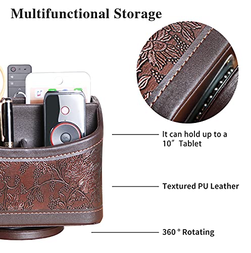 YAPISHI Antique Leather Remote Control Holder, 360 Degree Spinning Desk TV Remote Caddy/Box, Bedside Table Organizer for Controller, Media, Calculator, Mobile Phone and Pen Storage - color: 1# Antique Embroidery