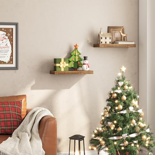 HOOBRO Floating Shelves for Wall, Wall Mounted Shelf Set of 2, 15.7" Hanging Shelf with Invisible Brackets, for Wall Decor Storage in Bathroom Bedroom Kitchen Living Room Office, Rustic Brown BF40BJ01 - color: Rustic Brown, size: 15.7 Inches