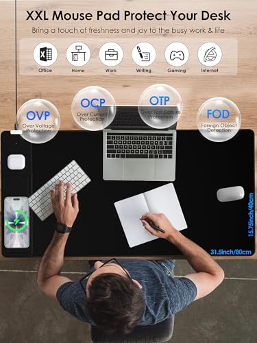 Wireless Charging Mouse Pad with Foldable Phone Holder, 15W Magnetic Fast Charging for iPhone Samsung, 31.5"x15.75" Large Desk Mat for Laptop/Keyboard, Waterproof Gaming Mousepad with Non-Slip Base - color: Magnetic+Phone Stand Black with PD Charger