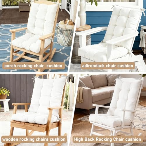 Rocking Chair Cushion Set Tufted with Ties, Non-Slip High Back Chair Pads for Adirondack Nursery Porch Rockers - color: White
