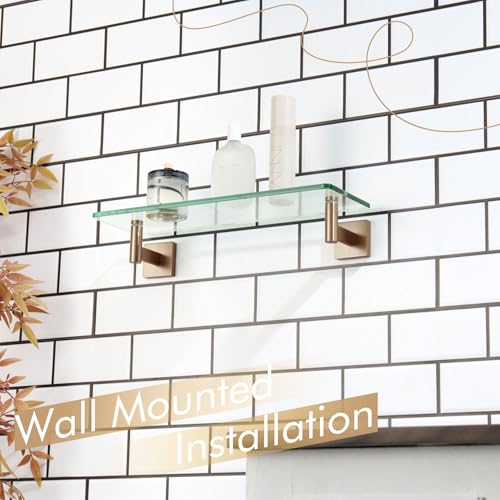 KOKOSIRI Wall Shelves Bathroom Hardware Glass Floating Shelf 16-Inch for Bedroom, Living Room, Kitchen, Hanging Rack Champagne Bronze B1105CPG-L16 - color: Champagne Bronze, size: 16-Inch