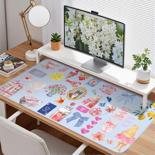 Cute Blue Desk Mat Kawaii Cat Mouse Pad Retro Vintage Large XXL Mousepad Computer Keyboard Laptop Mouse Mat Aesthetic Floral Office Desk Decor for Women Girl - color: A5- Retro Romantic