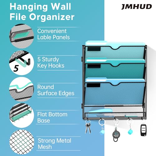 Wall File Organizer - Hanging File Organizer with 5 Hooks, Mail Holder Wall Mounted for Papers, Folders, Magazines, Bills, 4 Tier Office&School Organization, Black - color: Black, size: 4 Tier
