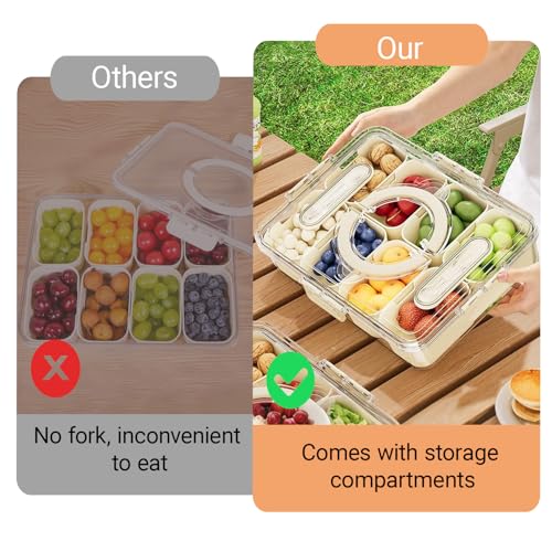 Large Divided Serving Tray with lid and handle Travel snack container Portable snackle box container for fruit, Party, Picnic -10 compartment with 3 forks and 2 spoons