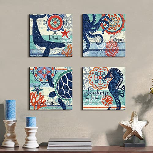 Navy Blue and Orange Ocean Animal Wall Art Toddler Kids Bathroom Beach Themed Decor Cartoon Sea Turtle Octopus Whale Seahorse Canvas Mural Nautical Coastal Pictures Nursery Home Decorations 12x12" 4P - color: Sea Life, size: 12x12in