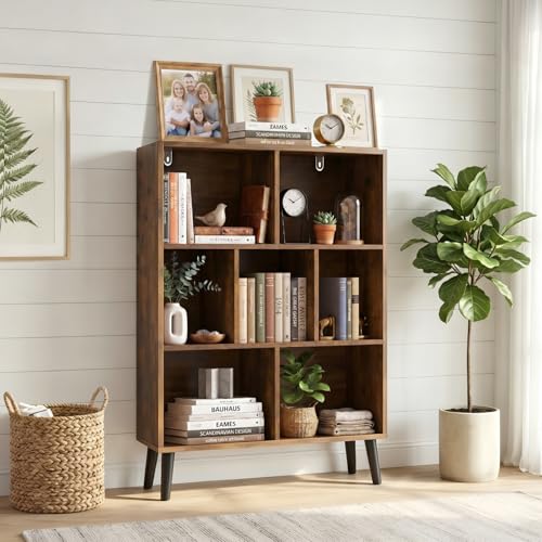 7 Cube Bookshelf, 3 Tier Mid-Century Modern Bookcase with Wooden Legs, Heavy Duty Cubby Storage Organizer Display Shelf for Living Room, Bedroom & Office, Deep Brown - color: Deep Brown, size: 7-Cube