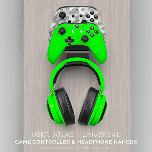 BRAINWAVZ The UberAtlas Dual Game Controller & Headphone Stand Wall Mount Holder for Xbox ONE, Series X, PS5, PS4, PS3, Switch, STEELSERIES Gamepad & More, Stay Organized No Screws - color: Black