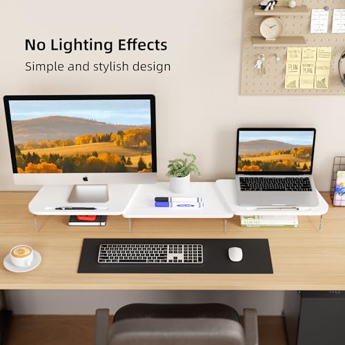 AFOOYO LED Dual Monitor Stand Riser for 2 Monitors,Office Desktop Wooden Stand Adjustable Length and Angle 3 Shelf,Extra Long Multifunctional Stand up to 39.3" for Computer,Laptop,TV,White - color: White, size: MIDDLE SLOT