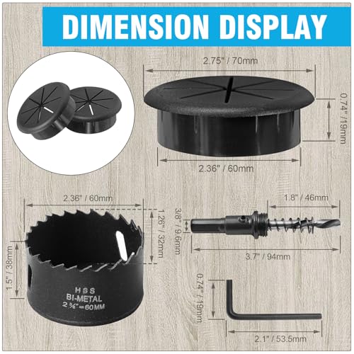 2-3/8" Black Desk Grommet, JTemgle Flexible Cable Grommet with Bi-Metal Hole Saw Rubber Cable Hole Cover Wire Organizer Caps Desktop Cord Management for Home Office TV Stands Tabletops, 7 Pieces - color: Black, size: 2-3/8" / 60mm
