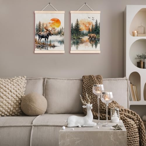 Watercolor Moose Bear Lake Forest Canvas Wall Art Poster Hanger Frames, Rustic Cottagecore Wildlife Animal Nature Landscape Wall Decor Prints for Home Living Room Cabin Lake House, 12x16 Inch Set of 2 - color: Color-Mountain Lakeside Landscape 10