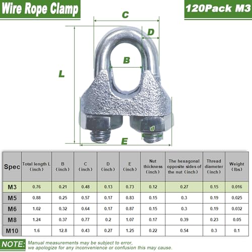 120 PCS 1/8 Inch Wire Rope Clamps, M3 Heavy Duty Galvanized Wire Cable Clamps for Tent Ropes, Boat, Clotheslines, U-Bolt Saddle Fasteners for Secure Connections - size: M3-120PCS