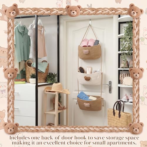 FoldTier Over the Door Hanging Basket 3 Tier Wall Mounted Organizer Bag with Bear Decoration Woven Cotton Boho Storage Hanging Nursery Baskets with Hooks for Nursery Living Room Bedroom Kitchen