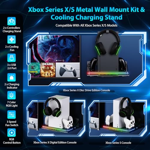 Wall Mount with Cooling Charging Stand for Xbox Series X/S, Luckit Vertical Dual Controller Charger Station Compatible Xbox Series X/S Console Accessories with Cooling Fan, 3 USB Ports&2 Headset Stand - size: Wall Mount + Cooling Charging Stand