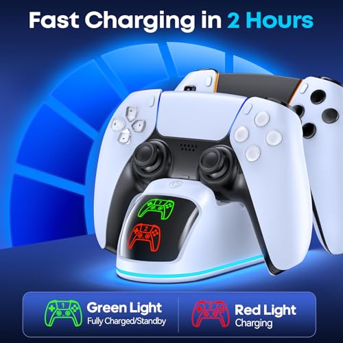 PS5 Controller Charger Station Compatible with PlayStation 5 Dualsense & Edge Controllers, RGB PS5 Controller Charging Dock Holder Stand with Fast Charge Cable for PS 5 Accessories Kits - color: All White, size: 6.54 inch - PS5
