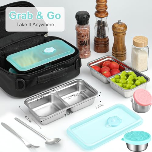KITHELP 2 Pcs Grab and Go Snack Containers Reusable with Lids, Stainless Steel Double Compartment Snack Containers with 1 Forks 1 Spoons and 2 Salad Dressing Container, for Camping, Lunch, Dessert - color: Blue-2
