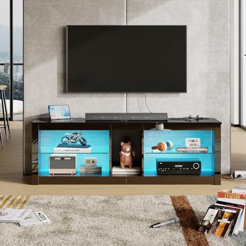 Bestier LED TV Stand for 55/60/65 Inch TV, Black High Gloss Entertainment Center with Power Outlet & Adjustable Shelves, Modern Gaming TV Console with Storage for Living Room Bedroom