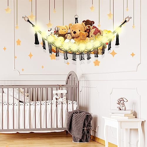 CERETIA Stuffed Animal Hammock with LED Light, Large Stuffed Animals Storage Corner Plushie Net for Kids Room Decor, Black - color: Black, size: Large-(Package of 1)