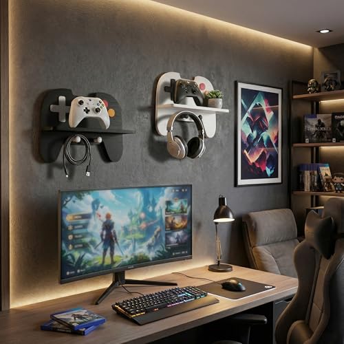 Gaming Room Decor Floating Shelves Set of 2, Controller Wall Shelf with Headphone Hooks, Gamer Wall Decor for Teen Boys Bedroom, Black & White