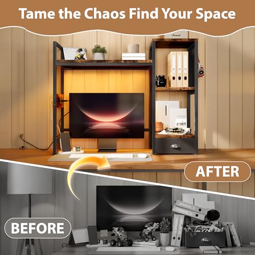 DreamDashio Desk Hutch with Shelves & Outlets, Desktop Bookshelf Organizer with RGB Lights, Storage Drawer & Pegboard, Anti‑Tip Strap for Gaming/Office/Dorm