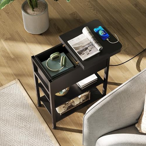 WLIVE End Table with Charging Station, Flip Top Narrow Side Table with Storage Shelf, Small Nightstand with USB Ports and Outlets,Bedside Table for Living Room, Bedroom,11.81" D x 23.62" W x 24.33" H - color: Black