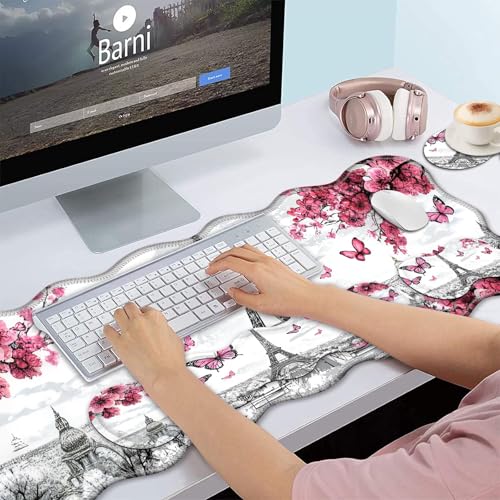 Bxgolkgd Desk Mat Set,Mouse Pad with Keyboard Wrist Rest & Mouse Wrist Rest,Wave-Shaped Design,Non-Slip Rubber Base,Ergonomic Desk Mat for Home,Office,Gaming,Butterfly Eiffel Tower - color: Butterfly Eiffel Tower