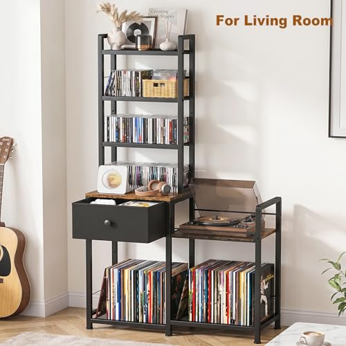 ikkle CD Rack with Drawer, 7-Tier DVD Organizer Shelf with Vinyl Storage | Media Storage Rack for CDs/DVDs, Vinyl Records, Books & Games, Ideal for Living Room & Home Office, 32.1x11.8x57.2 in, Brown