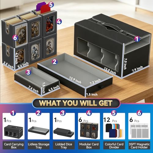 Cortile Commander Deck Box for MTG, Modular Card Deck Box with 6-deck Card Case and 2 Dice Trays Holds 780+ Double-Sleeved Cards, Ergonomic Handle and 35PT Magnetic Holders for TCG/EDH, Black Grey - color: Black Grey, style: 6-Deck Modular Case