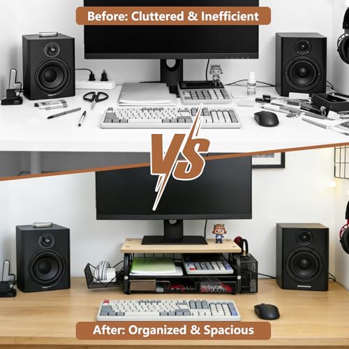 Desk Organizers and Accessories Monitor Riser, Monitor Stand with Drawer (2-Tier Drawers) with Large Side Storage Rack & Cable Management,66LBS/30KG, Office Organization, Oak - color: Oak