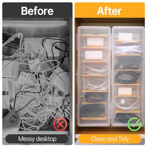 PAVSTINE 2 Pack Clear Cable Organizer Box with Lid, Plastic Charger Cable Cord Storage Organizer, Office Desk Organizers, Multifunctional Accessories Storage for Home Drawer Office, Stackable - color: Clear-2 Pack