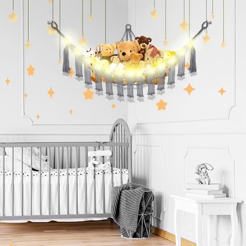 CERETIA Stuffed Animal Hammock with LED Light, Large Stuffed Animals Storage Corner Plushie Net for Kids Room Decor, Jumbo Grey - color: Grey, size: Jumbo-(Package of 1)