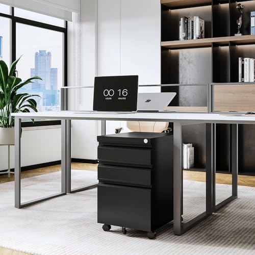Letaya 3 Drawer Mobile File Cabinet with Lock, Under Desk Metal Rolling Filing Cabinets for Home Office Organizer Letters/Legal/A4 (Black- Requires Installation) (Black) - color: Black, size: Requires assembly 24.40"H