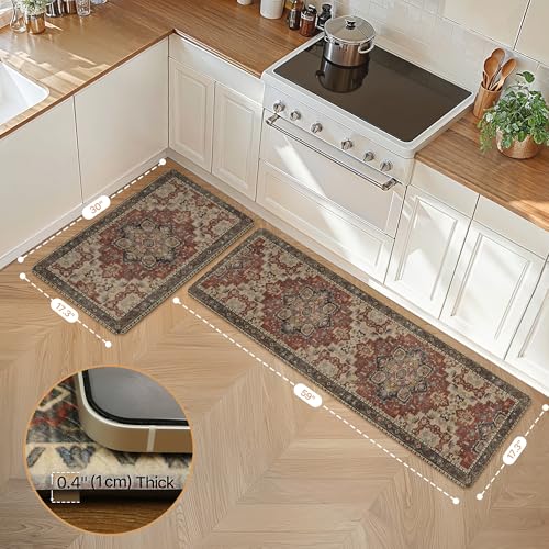 GENIMO Kitchen Mats for Floor 2PCs, Washable Anti Fatigue Mat for Cushioned, 17.3"x59"+17.3"x30", Waterproof Kitchen Rugs, Non Slip Comfort Standing Mat Rug for Home, Sink, Laundry, Bordeaux - color: Bordeaux Red, size: 17.3"x59"+17.3"x30"--0.4 inches