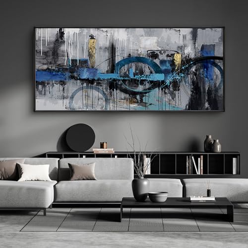 Abstract Wall Art for Living Room Bedroom Above the Sofa Picture Artwork | Oversized 86x39 Inches Made of Canvas with a Black Frame This Blue-Gray-Gold Piece Offers Minimalist Luxury Wall Decor - color: Grey Abstract - 3, size: 86x39