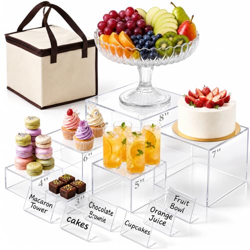 DomeStar 6PCS Clear and White Buffet Risers with Mini Sign, Food Risers Dessert Table Display Set for Buffet Table Party Catering Cupcake Cake Jewelry, Nesting Boxes for Food Display 8" 7" 6" 5" 4" 3" - color: Transparent