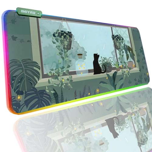 JMIYAV Black Kitten RGB Green Gaming Mouse Pad 31.5x12 Inch PC XL Large Glowing Led Light Up Desk Pad Non-Slip Rubber Base Computer Cute Mousepad Mat Desk Accessories Gaming Setup 31.5x12 Inch - color: G-black Kitten