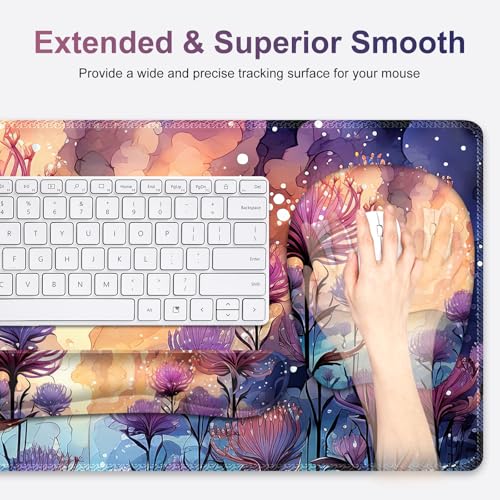 4 in 1 Large Mouse Pad, Keyboard Wrist Rest Set, Ergonomic Mouse Pad with Wrist Support, Desk Mat with Stitched Edges, Extended Desk Pad Waterproof Desk Mat for Home Office I Blossom Purple Flower - color: Blossom Purple Flower