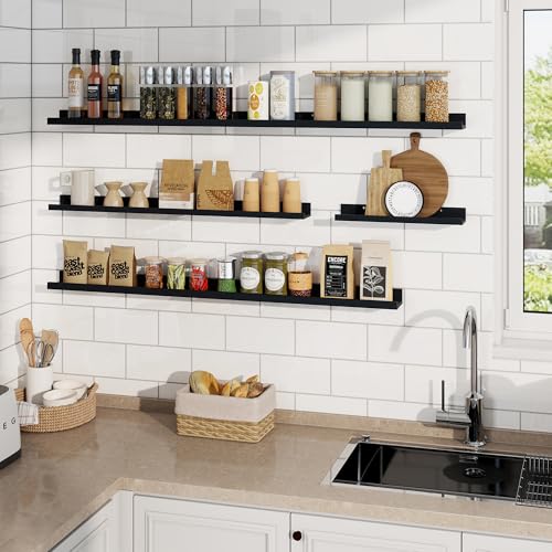 RICHFOCUS Picture Ledge Shelf, 55 inch Floating Shelves Set of 2, Wood Wall Shelves with Lip, Wall Decor Storage for Bedroom Living Room Bathroom Kitchen Nursery Photo Picture, Black - color: Black, size: 55 Inch, set of 2