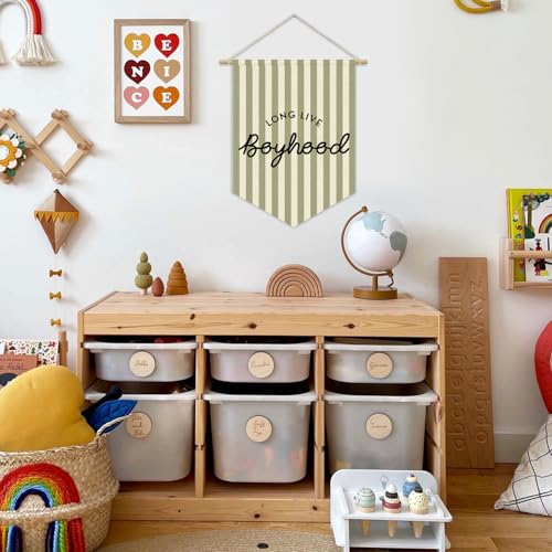 Boys Room Decor, Long Live Boyhood Boy Nursery Linen Canvas Banner, Green and White Striped Wall Hanging Pennant Flag Banner for Boys Kids Toddler Room Bedroom Playroom Decor, 15x11in - color: boyhood-Vertical Stripes Green