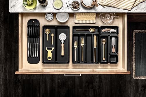 madesmart 2 Compartment Drawer Organizer, Multi-Purpose Storage for Kitchen, Office & Bathroom, Non Slip, Soft Grip Lining, Easy-Clean Design, Black - color: Carbon